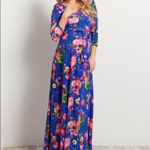 PinkBlush Blue Floral Drape Maternity Maxi Dress